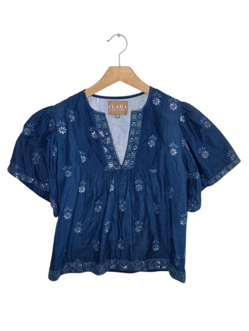 Clara The Label Navy Blue V-neck Sequin Floral Boho Top Size XS 100% Cotton